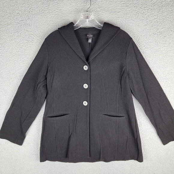 Eileen Fisher Cardigan Womens PM Black Sweater Button Made in USA Italian Fabric - Picture 1 of 9
